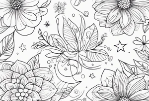 fine line floral with stars, swirls, dots tattoo idea