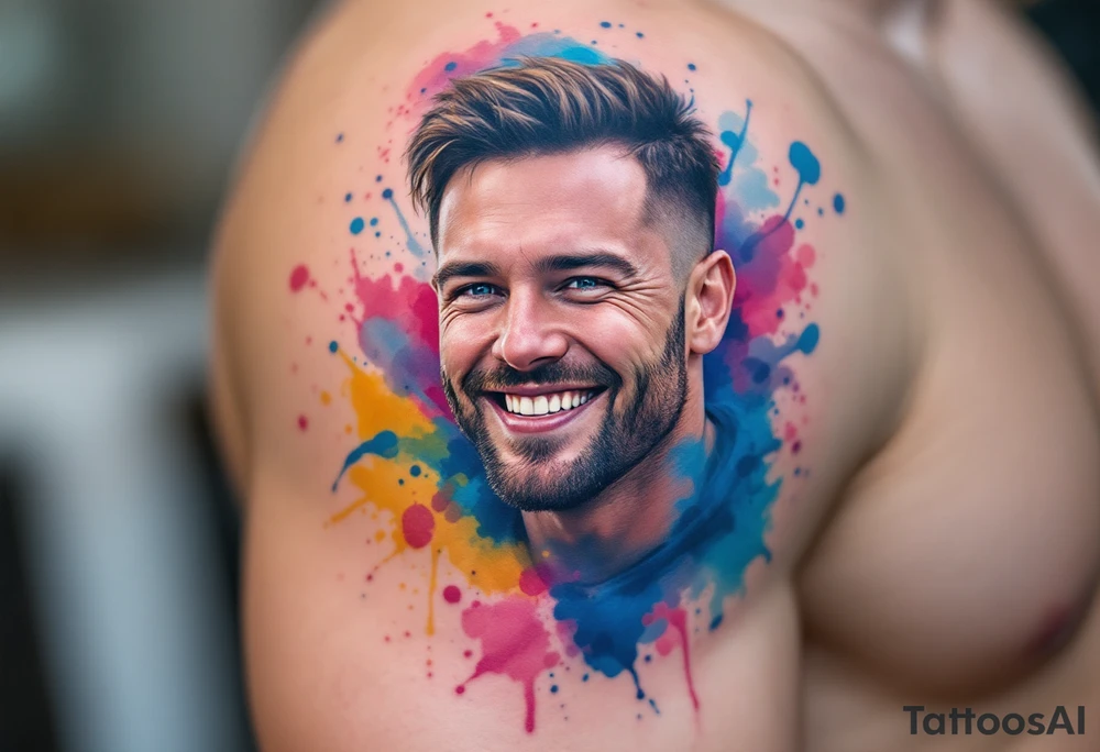 Stafford in Watercolor Style – A cheerful Stafford mid-run, surrounded by splashes of vibrant blue, pink, and yellow watercolor strokes. tattoo idea