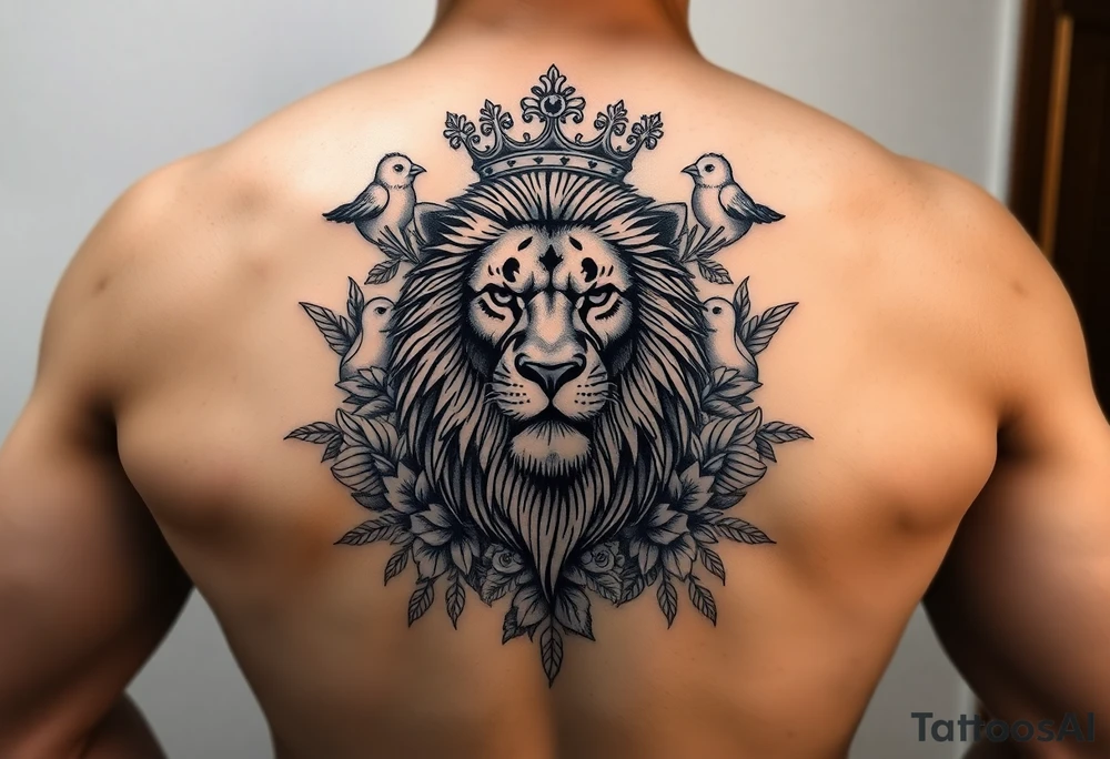 powerful majestic lion with a crown, surrounded by floral ornaments and birds tattoo idea