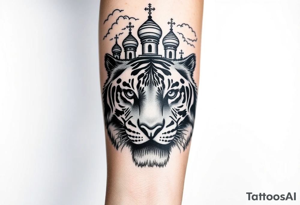 Realistic tiger face on the back of the hand with strong contrast and fine detail with hollow black eyes. with a highly detailed Russian Orthodox cathedral sitting above on fore arm with onion domes and orthodox crosses, done in fine line, engraving-like style. Cohesive composition, black ink only, no color, high contrast, slightly aged, documentary-style, plain light background. with clouds above and a virgin mary tattoo idea