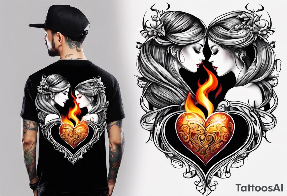 In thiele sfumato. A girl with an empty heart and a guy with a burning heart. They stand back to back tattoo idea