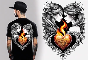 In thiele sfumato. A girl with an empty heart and a guy with a burning heart. They stand back to back tattoo idea