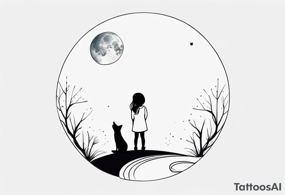A little girl and a fox looking at the moon, we see them from behind tattoo idea