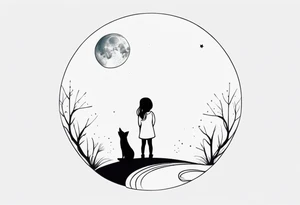 A little girl and a fox looking at the moon, we see them from behind tattoo idea