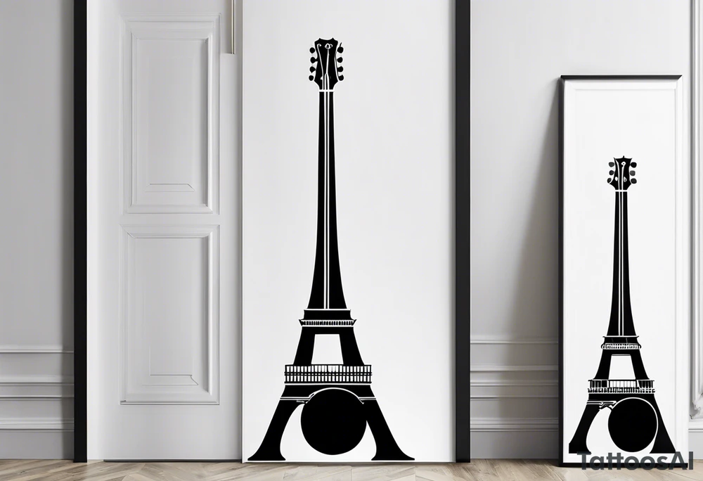 A black-and-white silhouette of the Eiffel Tower, framed within the shape of a guitar. The guitar's body is represented with bold, flowing lines, forming the outline of the instrument in solid black, creating a striking contrast against the white background. The Eiffel Tower itself is depicted in clean, sharp lines, standing tall and centered inside the guitar, with intricate details of its lattice structure. Negative space plays a key role in the composition, highlighting the seamless fusion of the two iconic symbols. The background remains stark white, drawing focus to the unique combination of music and architecture, with no gradients or additional shading. The overall effect is minimalistic yet dynamic, evoking a sense of conceptual art and visual harmony. tattoo idea