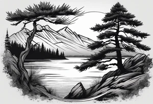 Sleeve tattoo windswept pine tree before lake with low cliff face on another side of lake. Mastiff silhouette in the foreground. tattoo idea