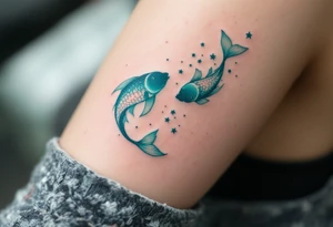 In this tattoo, a gradient of sea-green and teal forms the Pisces stars constellation with the Pisces zodiac glyph in matching hues. tattoo idea