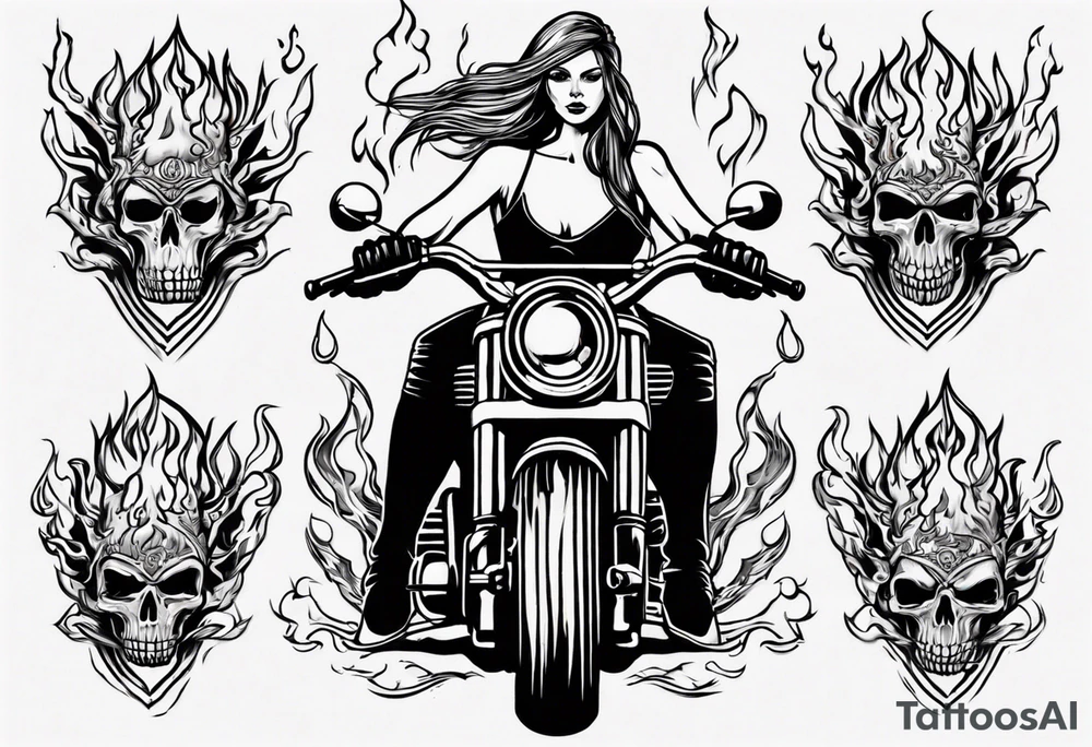 i want a tattoo of a girl riding a motorcycle with flames the words “Viking Customs” tattoo idea