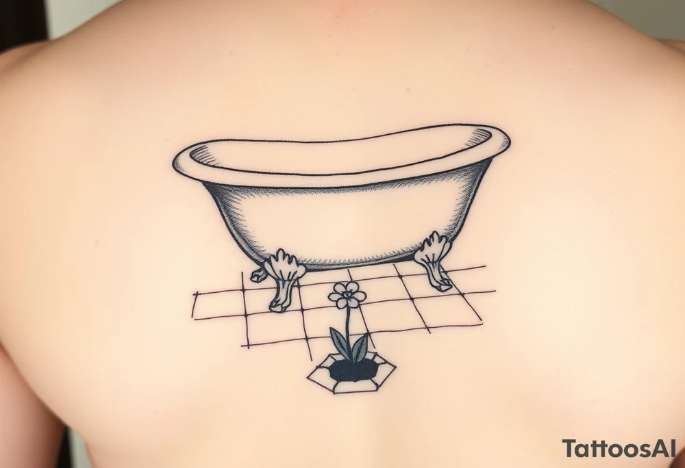 clawfoot bathtub on a tile floor and flower coming up out of a small crack on the floor tattoo idea