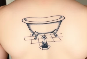 clawfoot bathtub on a tile floor and flower coming up out of a small crack on the floor tattoo idea