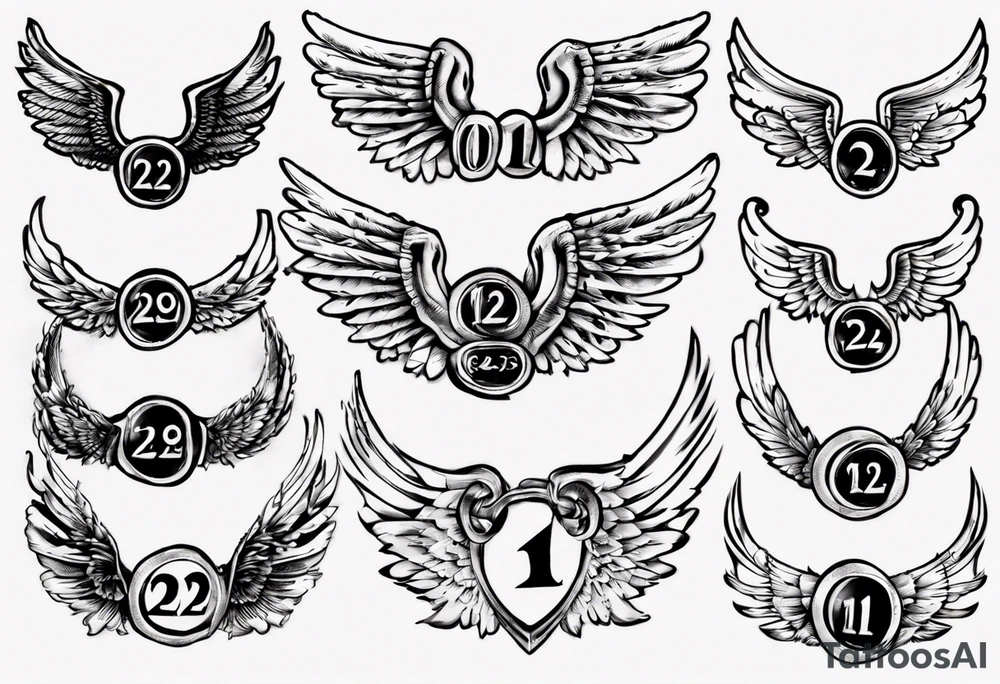 Wings with the dates 09/12/2012 and 24/10/2023 in between the wings tattoo idea