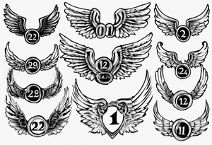 Wings with the dates 09/12/2012 and 24/10/2023 in between the wings tattoo idea