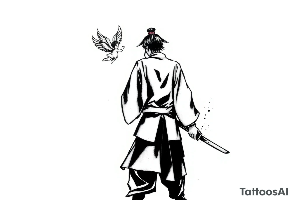 "Blackwork tattoo sketch of a lone samurai walking forward, shown in dramatic silhouette style. The samurai wears traditional kimono and hakama, holding a katana in one hand with the blade pointing downward. Behind him floats a small child angel with detailed feathered wings, gently touching the samurai’s back with one hand, as if stopping or guiding him. Strong contrast, dynamic ink splatter, rough brush strokes, Japanese sumi-e vibe, emotional and symbolic composition, high detail linework, no background." tattoo idea