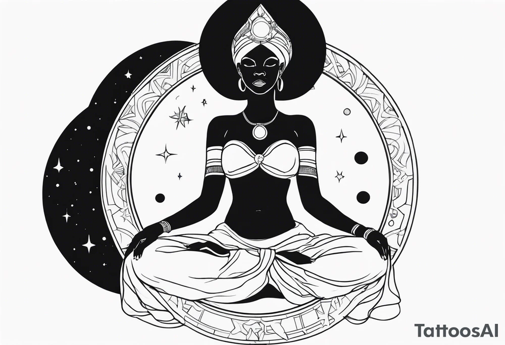 Black woman, royalty, enlightenment, wisdom, astronomy, cancer zodiac, natural, full arm tattoo idea