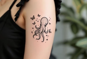 cute small octopus, surrounded by butterflies and oceanic items, brown ink tattoo idea