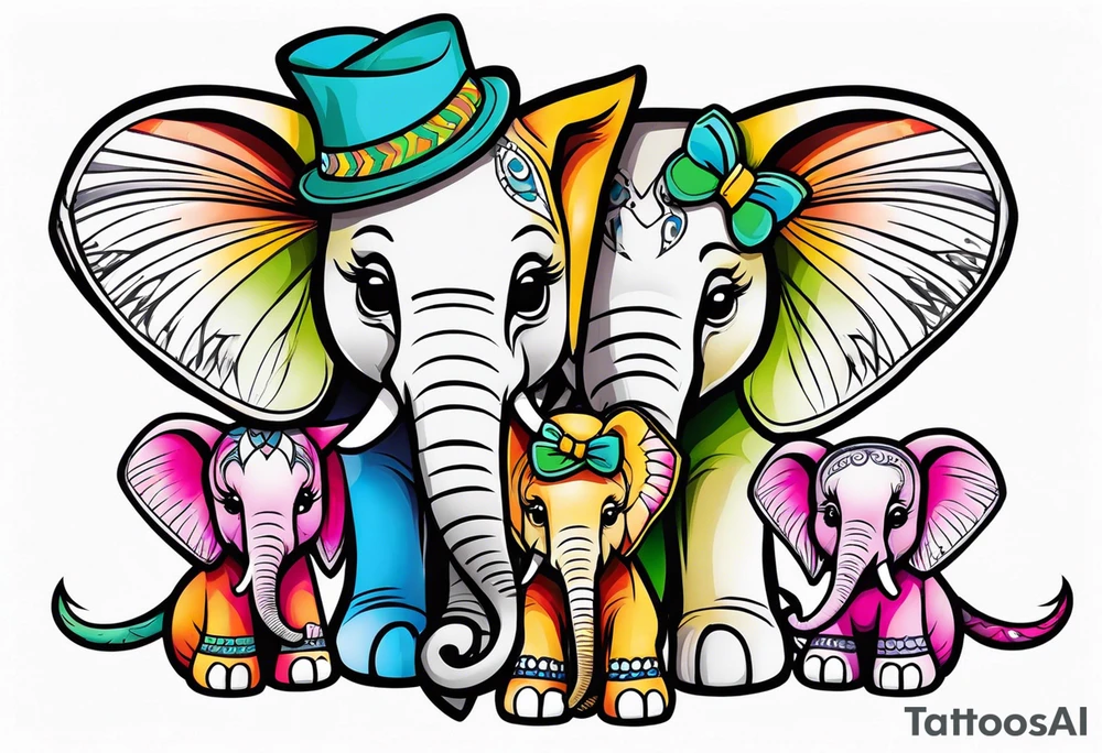 Mama tribal elephant facing forward. 2 girl baby elephants with bows sitting down and 1 baby boy elephant with bow tie sitting down tattoo idea