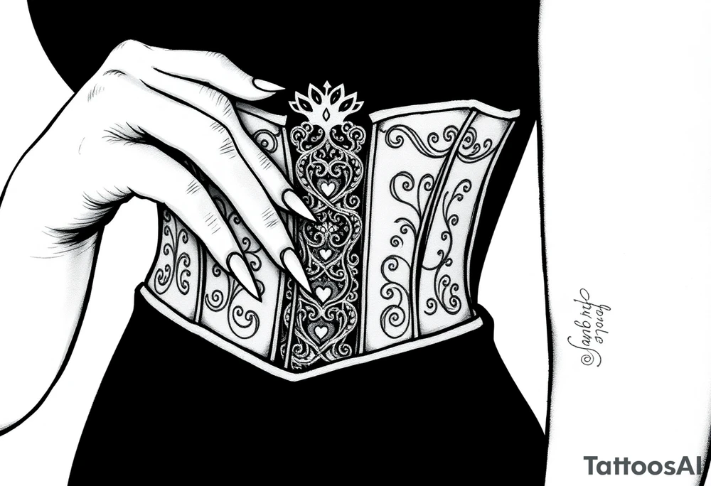 Corset, woman’s hands, long nails tattoo idea