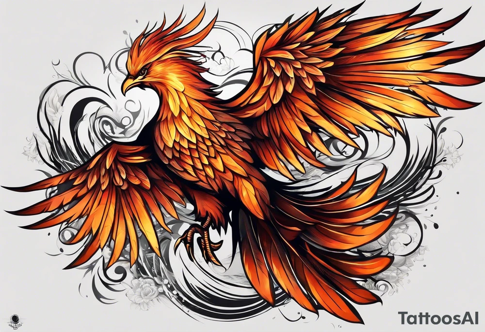 Tattoo: A powerful, majestic phoenix, depicted mid-flight or rising, with wings extended and feathers flowing. Deep shading and intricate details to bring out the texture and motion of the feathers. tattoo idea