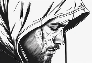 The side view of a person in a hoodie, looking down. tattoo idea