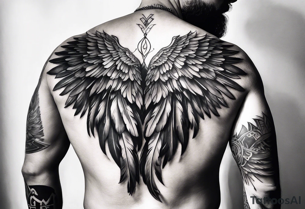 wings tattoo extending from a mens shoulders, covering the upper arms and upper back. The feathers are intricately detailed, with soft shading in black and gray to create depth and texture. tattoo idea