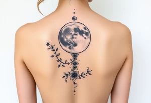 Phases of the moon down the spine details on the moon. With vines and stars and flowers along the sides down beside the phases of the moon tattoo idea