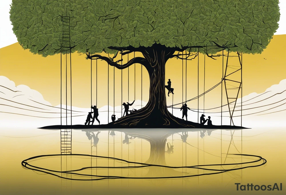 utopia picture of a tree at one level where above the surface is a group of people living in prosperity surrounding a tree. Below the surface the roots of the tree go down and turn into ropes and people are climbing these ropes to try and reach the above the surface. below the people climbing the ropes is hell, wih depicting of war slavery and death. going back to the top, above the tree is a perfection or heaven / nirvana. . include alchemical and occult symbols to depict this journey to enlightenment like religious or astrolligcal symblol. make it a full body tattoo stencil where the top of the tree would be at the chest and the ropes at the legs. tattoo idea