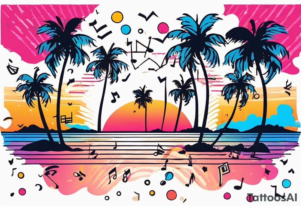 1980's miami vice style beach dance 
party, include confetti, music notes, boom box, bikinis sunset in the center tattoo idea