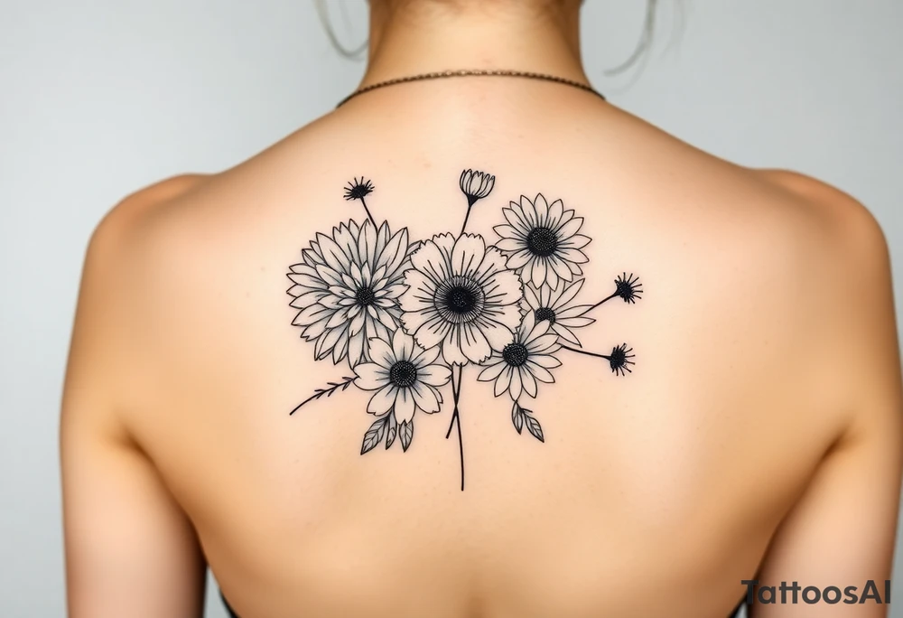 Flower bouquet with chrysanthemum, poppy, cosmo, daisy tattoo idea