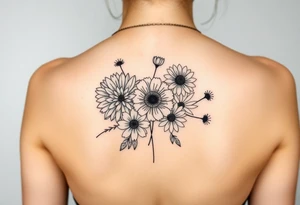 Flower bouquet with chrysanthemum, poppy, cosmo, daisy tattoo idea