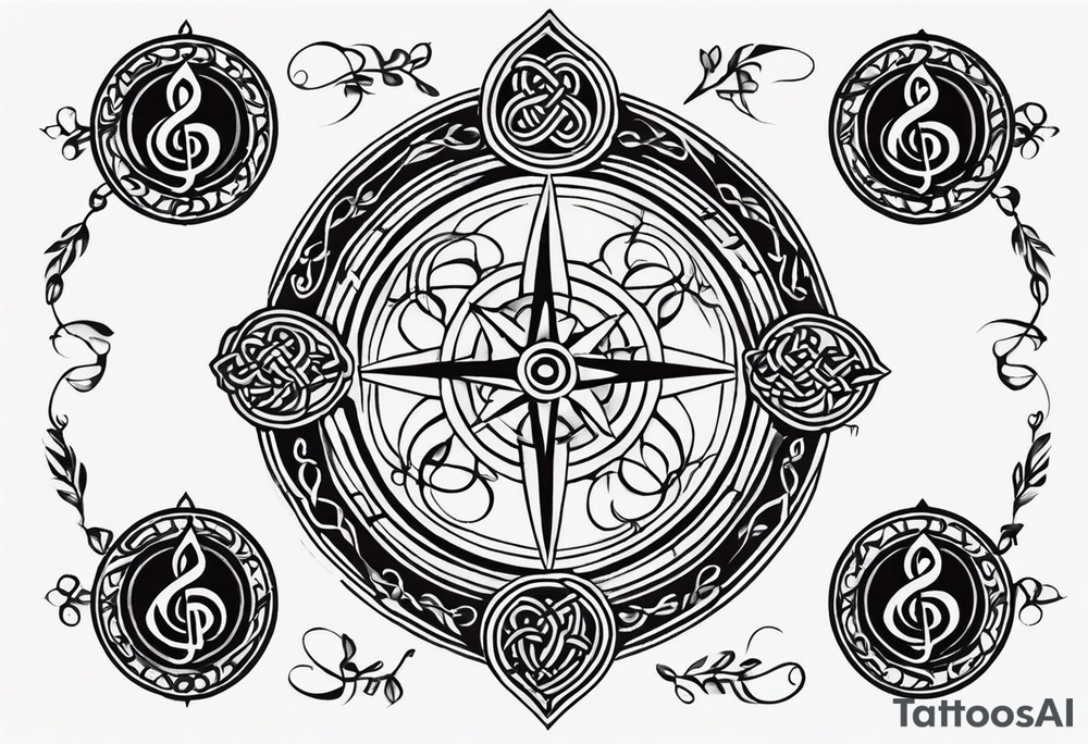 Celtic styling, anchor, compass, bass clef note, treble clef note, dog paw print, half sleeve, forearm tattoo idea