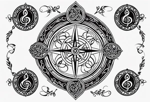 Celtic styling, anchor, compass, bass clef note, treble clef note, dog paw print, half sleeve, forearm tattoo idea