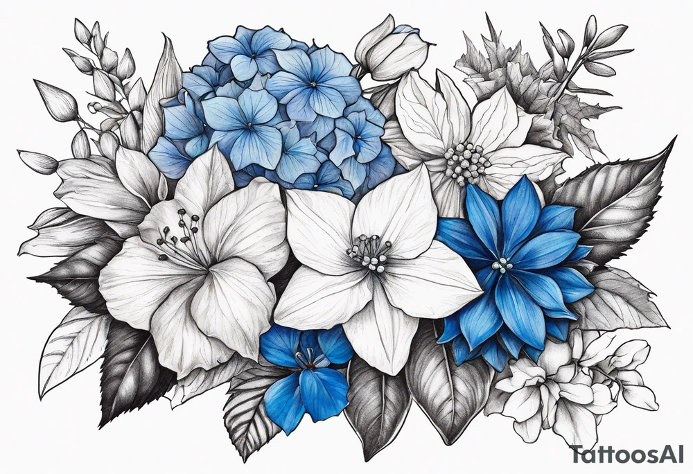 Blue Hydrangea, Narcissus, Poinsettia, Holly, Gladiolus, Poppy, Daisy, Sweet Pea floral bouquet tattoo idea