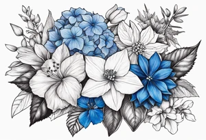Blue Hydrangea, Narcissus, Poinsettia, Holly, Gladiolus, Poppy, Daisy, Sweet Pea floral bouquet tattoo idea