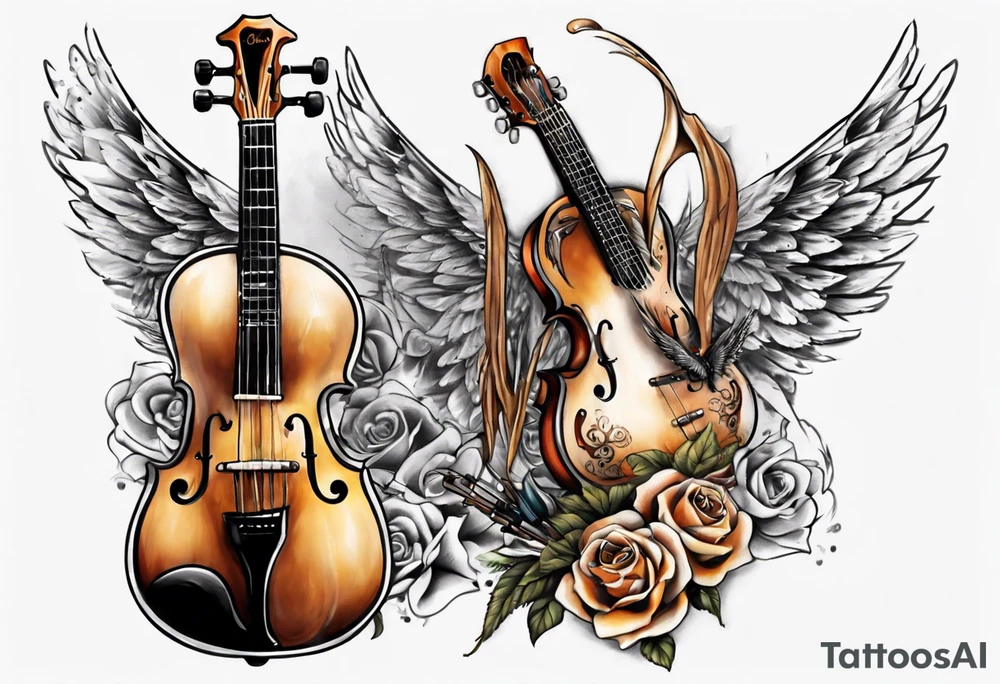 GUITAR LEANING AGAINST A VIOLIN WITH WINGS tattoo idea