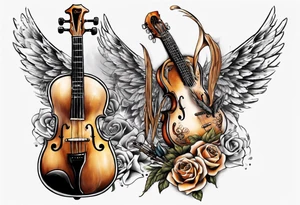 GUITAR LEANING AGAINST A VIOLIN WITH WINGS tattoo idea