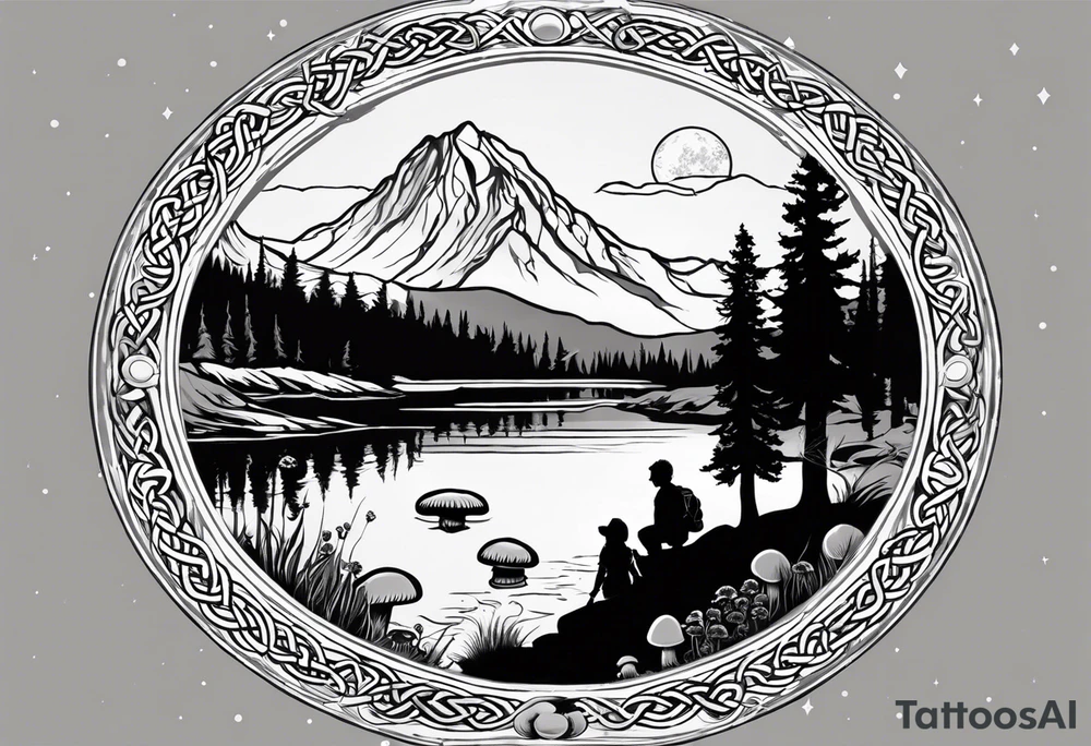 Whole picture encircled fully

Straight long blonde hair celestial girl in distance holding mushrooms in hand facing away toward mountains and creek surrounded by mushrooms long sleeve shirt and hiking pants; whole rendering within a full celtic circle border, no cut off circle tattoo idea