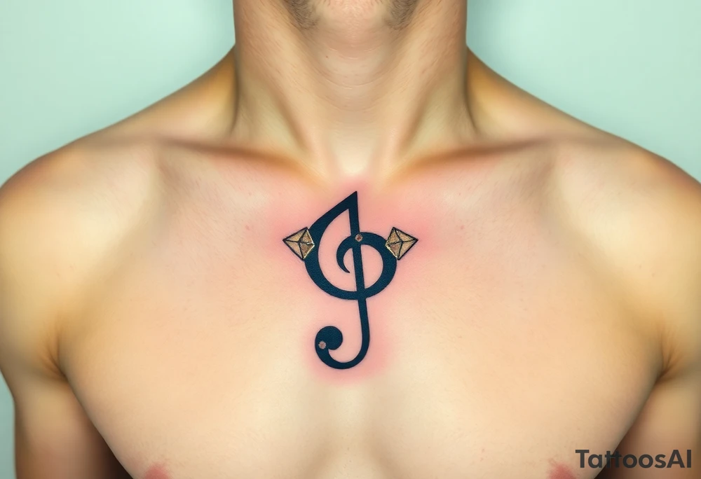 A geometric treble clef with sharp lines, made from bold black ink and accented with geometric shapes in gold tattoo idea