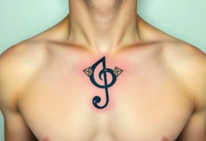 A geometric treble clef with sharp lines, made from bold black ink and accented with geometric shapes in gold tattoo idea