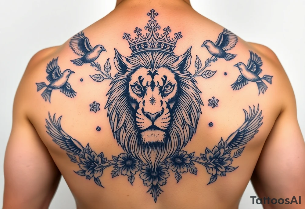 powerful majestic lion with a crown, surrounded by floral ornaments and birds tattoo idea