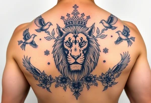 powerful majestic lion with a crown, surrounded by floral ornaments and birds tattoo idea