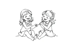Zwei lachende kleine mädchen sitzen sich gegenüber eine hat einen Dutt die andere einen Zopf und sie berühren sich an den Fußsohlen tattoo idea