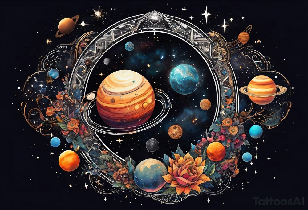 A tattoo featuring a cosmic scene with planets, black holes, and supernovae intertwined with intricate linguistic symbols, reflecting the client's interests in cosmology and linguistics. tattoo idea