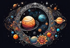 A tattoo featuring a cosmic scene with planets, black holes, and supernovae intertwined with intricate linguistic symbols, reflecting the client's interests in cosmology and linguistics. tattoo idea