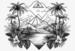 thick line art of space and jungle in 3 triangle shape tattoo idea