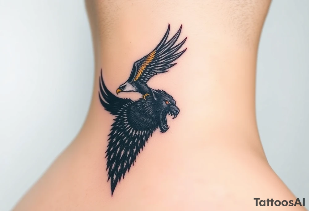 A fierce eagle locked in battle with a black wolf, their eyes glowing red and gold, creating an intense contrast tattoo idea
