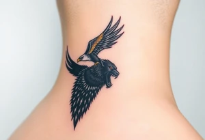A fierce eagle locked in battle with a black wolf, their eyes glowing red and gold, creating an intense contrast tattoo idea