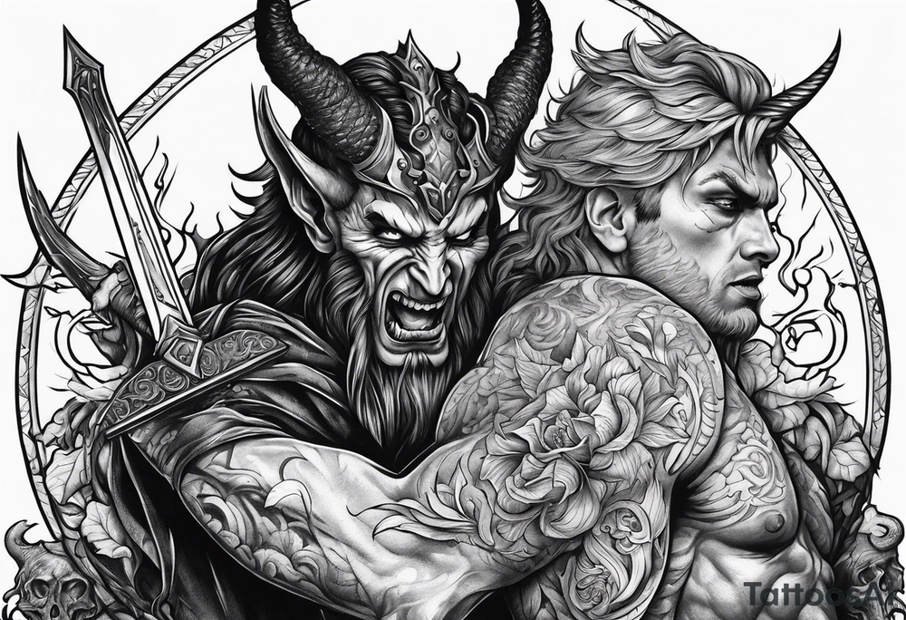 Satan getting stabbed in the back tattoo idea