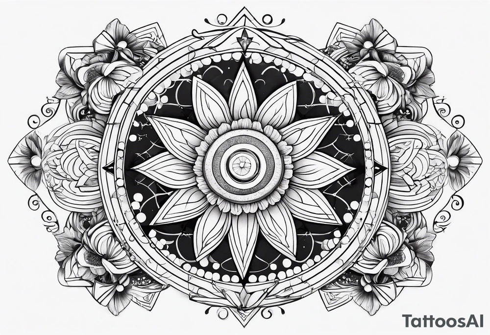 Solar system with geometric shapes and flowers tattoo idea