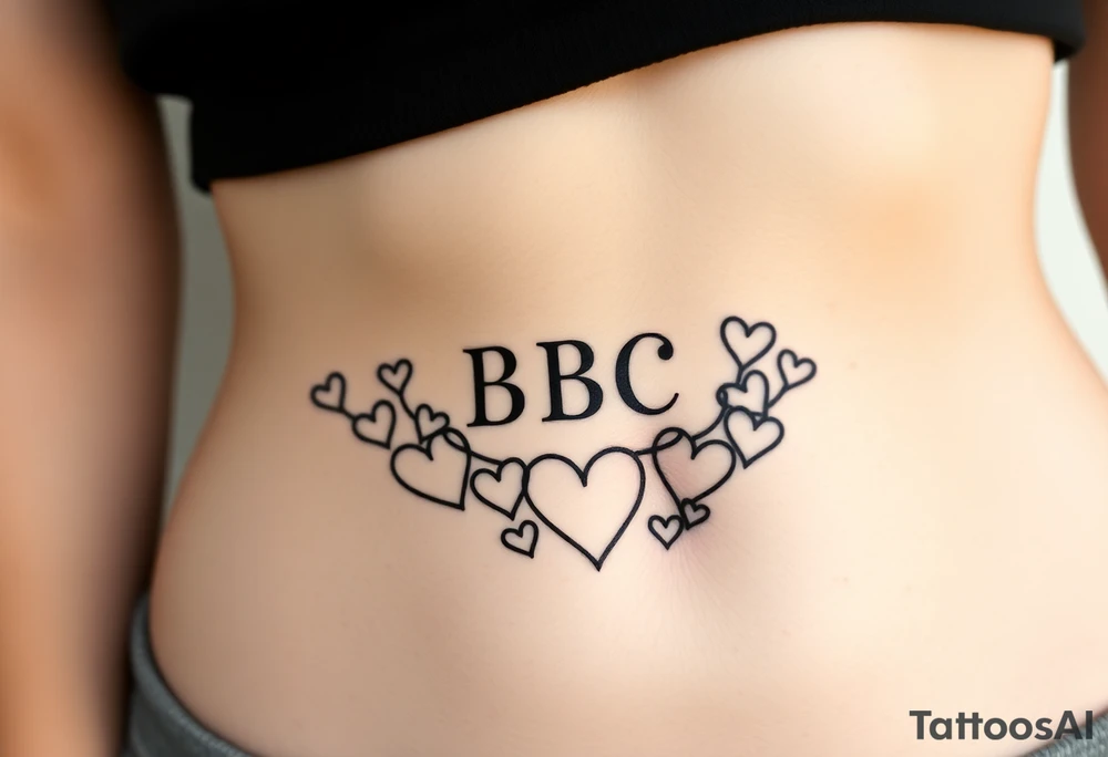 text reading "BBC" across a womb tattoo surrounded by hearts tattoo idea