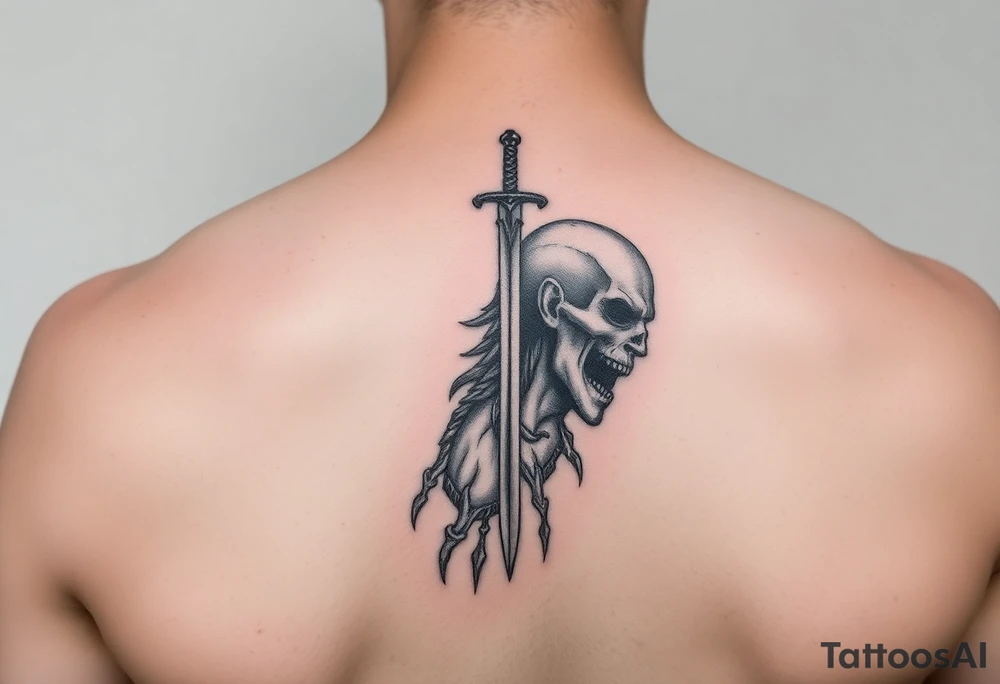 Fear god on left side only with the pain I’ve been feeling does not compare to the joy that’s coming down spine with a little sword at top tattoo idea